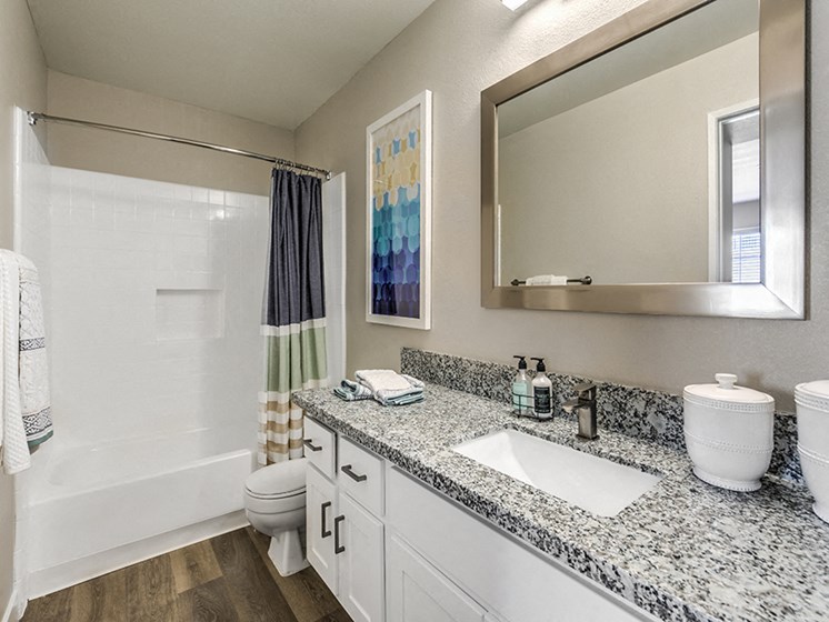 Apartment home staged bathroom at Deerwood, Corona, CA, 92879